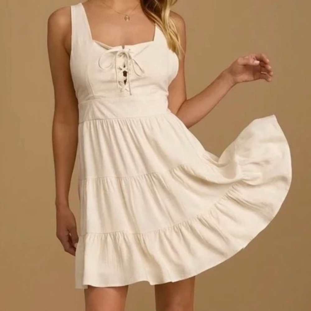 Lulus Wondrous Ways Oatmeal Beige Lace-Up Ruffle Tiered Sleeveless Mini Dress XL